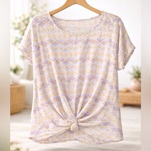 Pink Rose Purple and Yellow Floral Knot-Front Tee